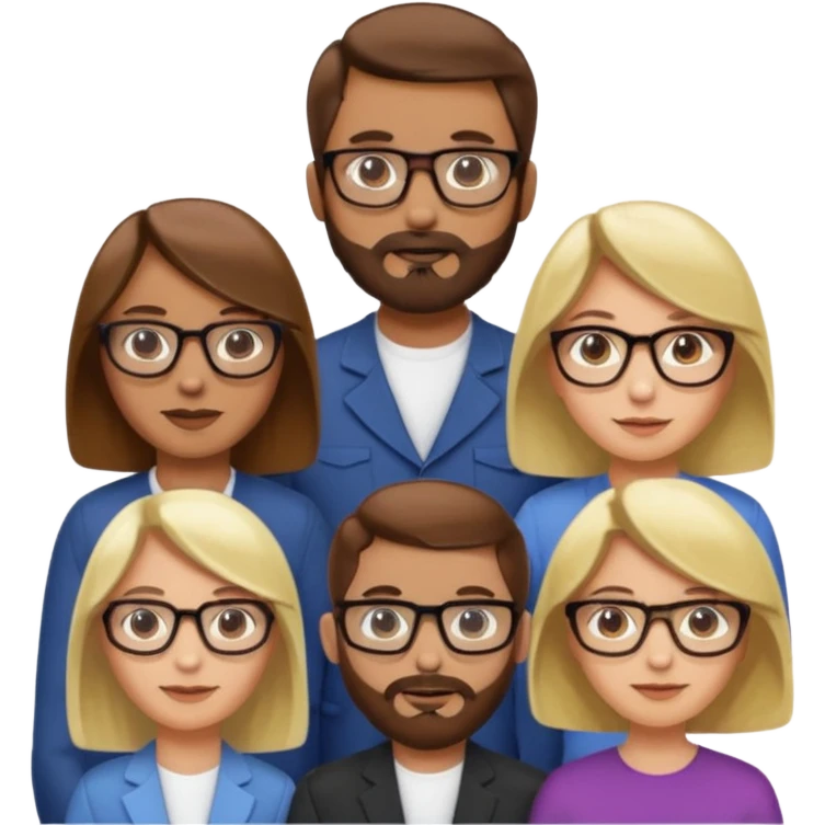 Four people including a man with hair and glasses, a man with a beard and no glasses, a woman with long brown hair and no glasses and a woman with a blonde bob and no glasses emoji