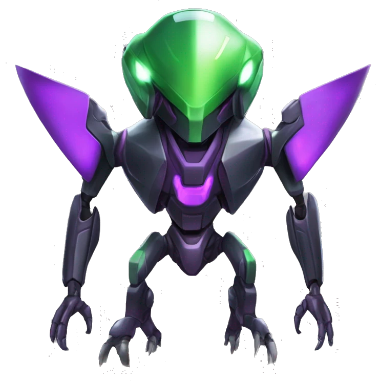 a shiny black-green-purple Genesect-Raptor-Fakémon-Medabot-hybrid with a futuristic visor-helmet full body emoji