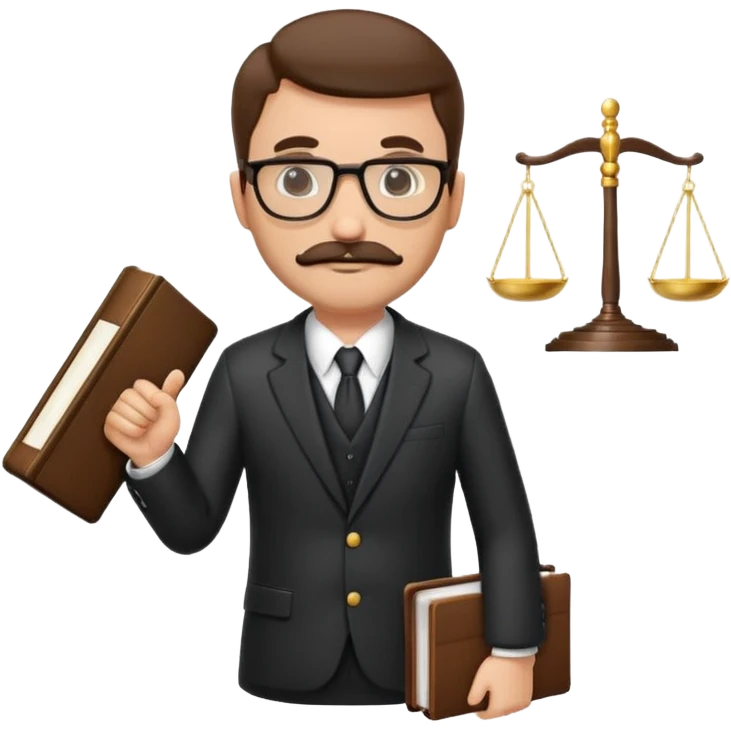 “Create a clean, modern emoji-style illustration of a male lawyer. He is wearing a formal suit jacket. He is holding a judge’s gavel in one hand and has a law book tucked under his arm. He has a mustache and a short beard, and he is wearing glasses. emoji