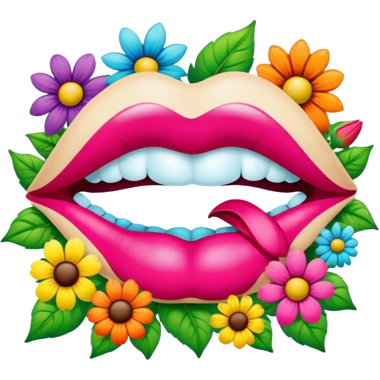 psychedelic colored pair of lips surrounded by hippie style flowers emoji