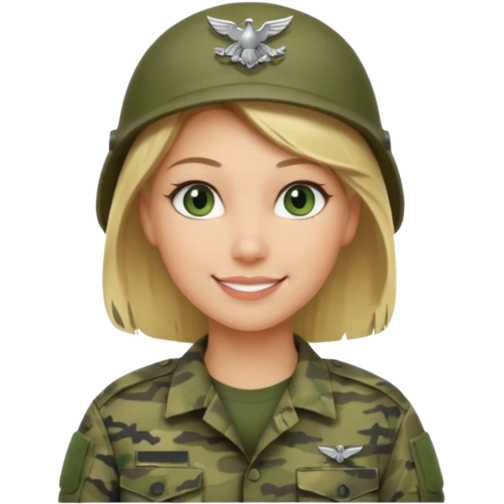 Apple-style emoji: female soldier, bust, no cap/helmet, friendly smile, generic camo top, blonde hair emoji