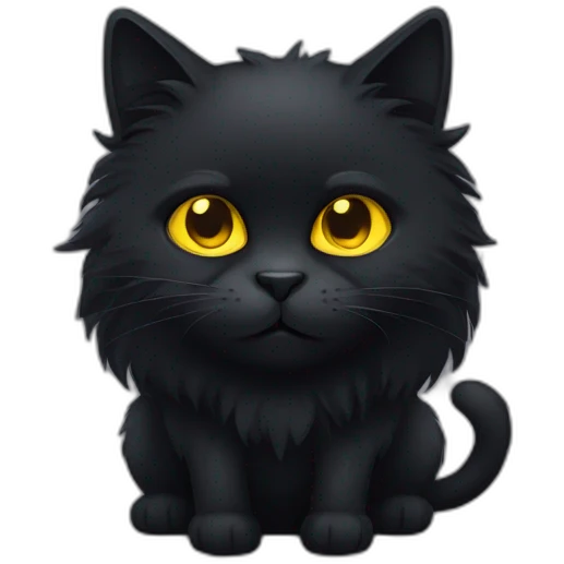 fluffy black cat with yellow eyes and unhappy face emoji