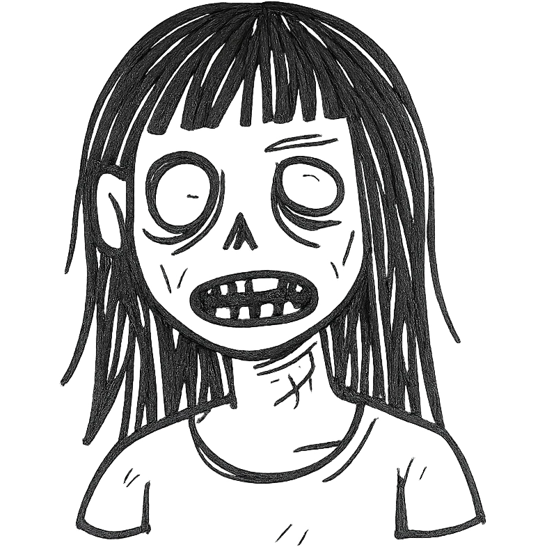 a zombie girl with black long hair and bangs, hand-drawn sketch style, detailed line art emoji