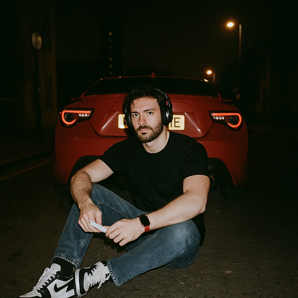 Grunge-style analog photo, London 2025, person inspired by the reference image sitting on the ground, Nissan GT 86 behind, model pose, black t-shirt, jeans, Nike Air Jordan low, using flash, urban night, analog grain, 7/8. emoji