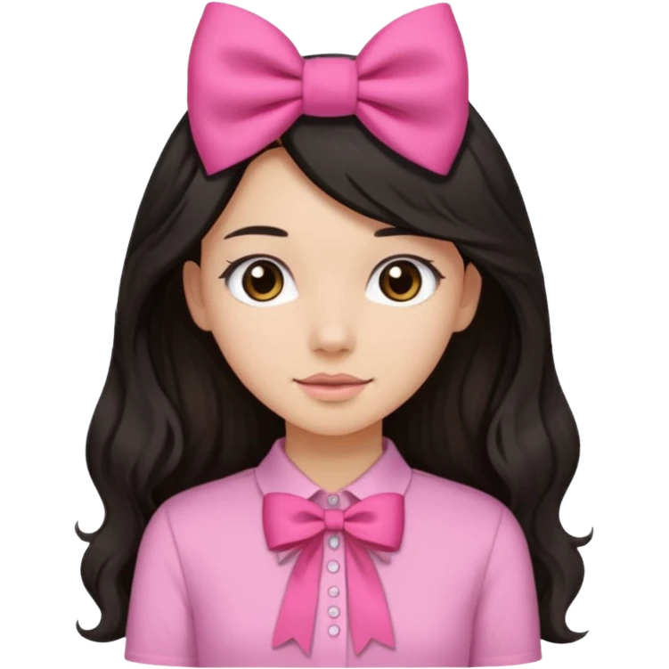 Pretty girl with long black straight kinda wavy hair with pink bow,pink shirt,and light brown skin color emoji