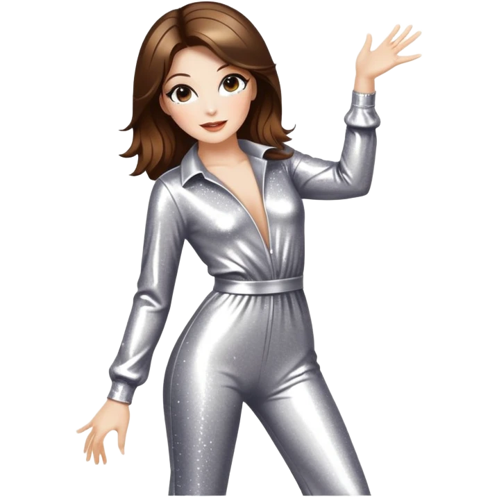 woman with white skin and brown hair disco dancing with sparkles around, wearing a shiny jumpsuit emoji