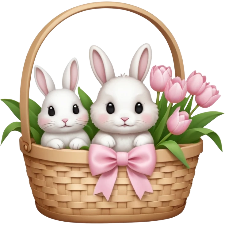 A white Picnic basket with light pink bow, white peonie, tulips and a white rabbit inside emoji