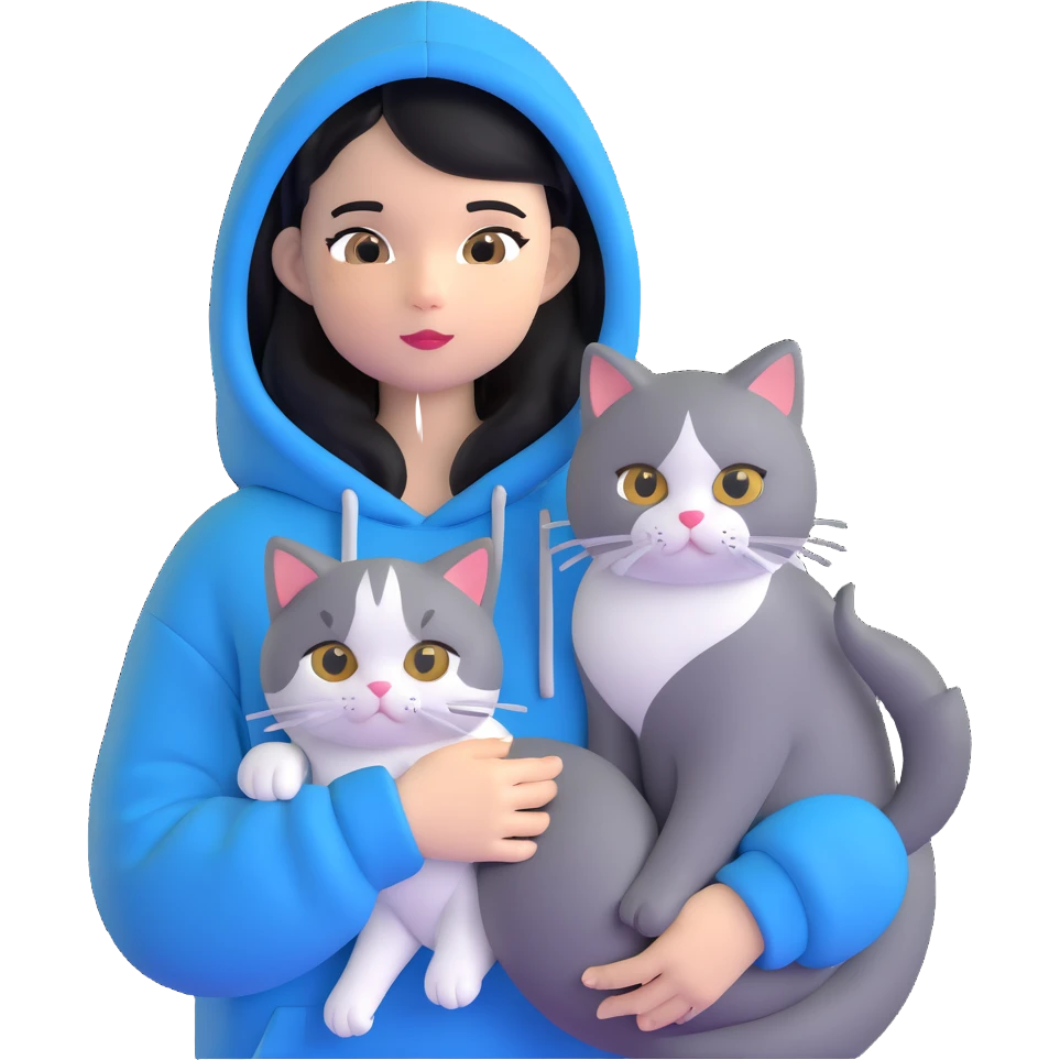 Girl with black hair in gray hoodie with a British shorthair blue and white cat and a long-haired blue and white cat emoji