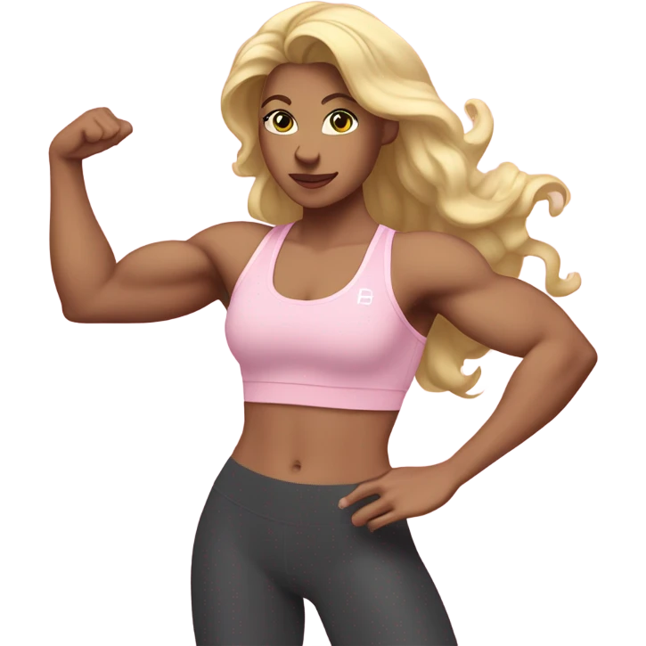 White woman, long hair, blonde hair, wavy hair, baby pink sports bra, baby pink leggings, flexing right arm emoji