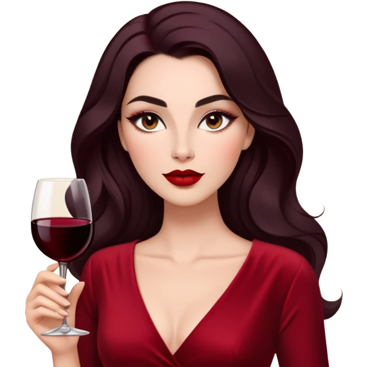 Confident woman with luminous skin, elongated face, defined features, dark almond eyes with dramatic eyeliner, thick eyebrows, straight elegant nose, full bright red lips, voluminous dark hair with soft waves, wine red velvet V-neck dress emoji