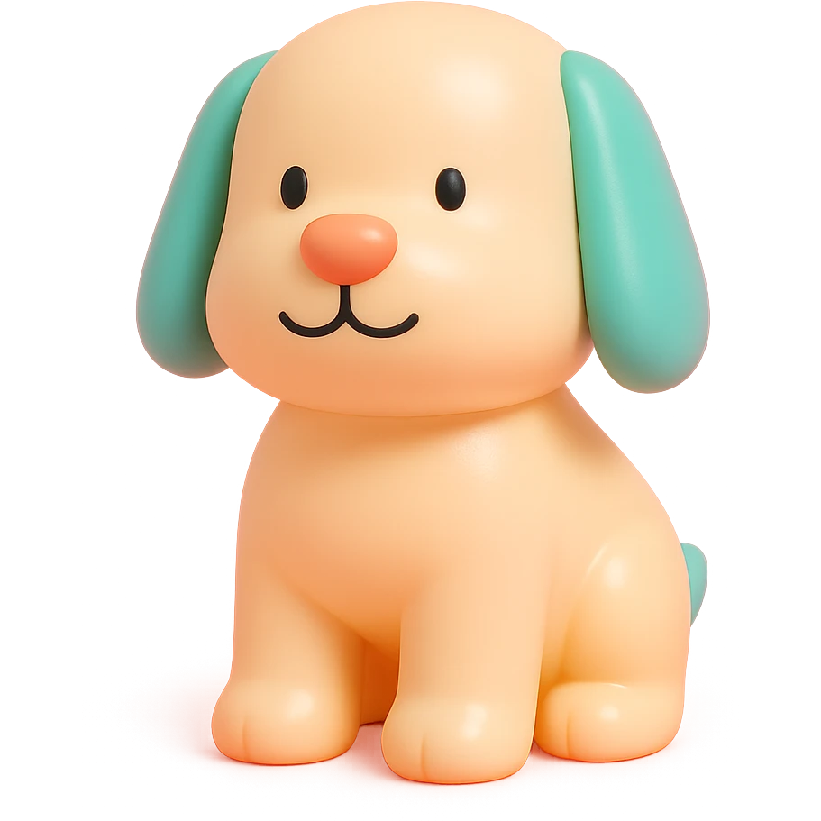               Transform {subject} into a soft vinyl figure with a smooth, glossy surface. The material should look slightly rubbery and tactile, with minimalistic curves and a matte-gloss hybrid finish. Use pastel or soft solid colors. The surface is seamless, with no visible textures or roughness. Studio lighting, vibrant background, clean, playful, designer toy aesthetic and no shadows. {subject} = dog, make sure the mouth has nice outlines emoji
