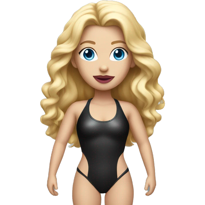Woman with blue eyes, pink lips and long blonde hair. black swimsuit. Leather band with metal ring around neck emoji