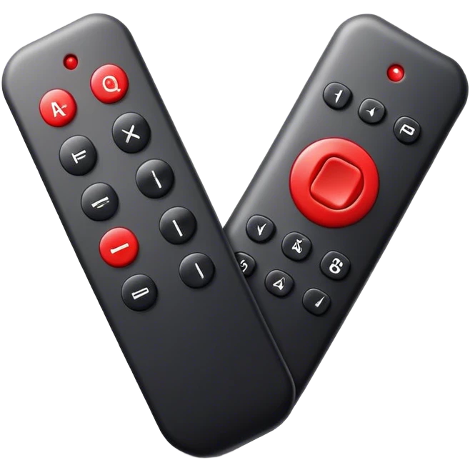 One big black tv remote control with red border, frontal face in  2 dimensions. The remote control have to have 4 buttons in black and one big one big red play button in the middle emoji