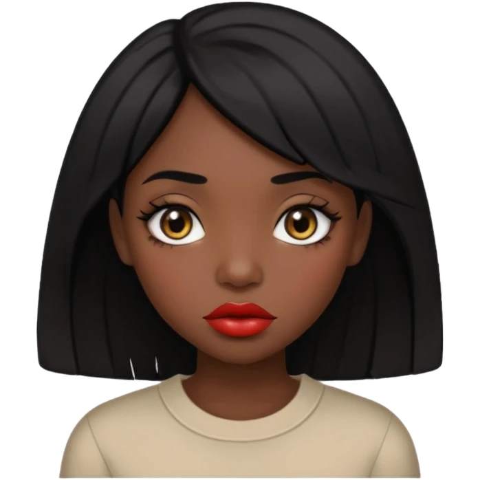 Dark skin gurl with black hair, big lips m, dark brown eye, octagon face shape and chinky eyes no red lipstick  emoji