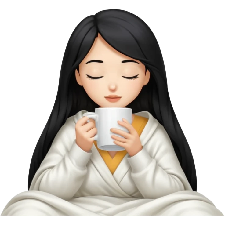 black hair girl long hair inside a white milky satin blanket sipping coffee in white mug eyes closed without coffee in mouth  emoji
