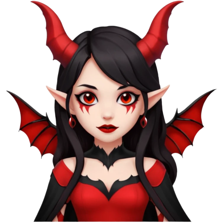 demon girl, skin red , black long hair, small horns, bat wing, black open-back dress, bold black outlines, red+black palette emoji