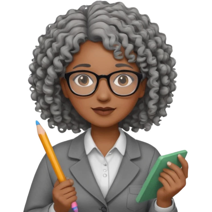 woman teacher, brown skin, curly hair, old, wearing glasses, hold chalk on hand emoji