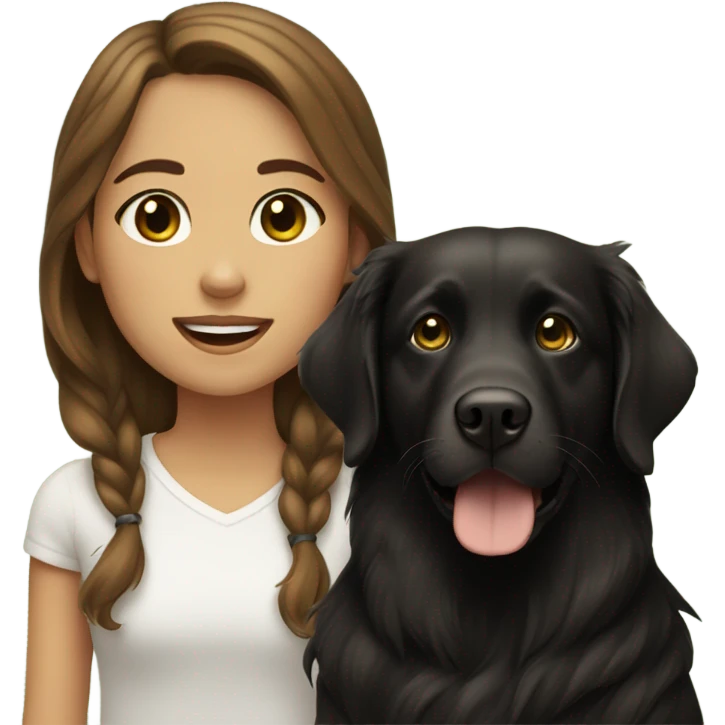 Girl with brown hair and green brown eyes next to a black golden retriever emoji