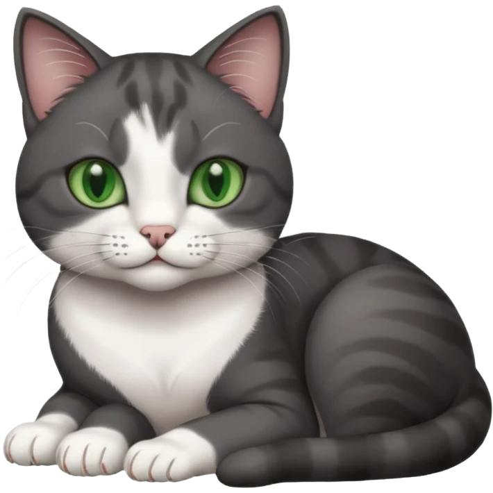 beautiful female solid dark grey cat with green eyes, white toes/paws and white patch on her chest rolling over emoji
