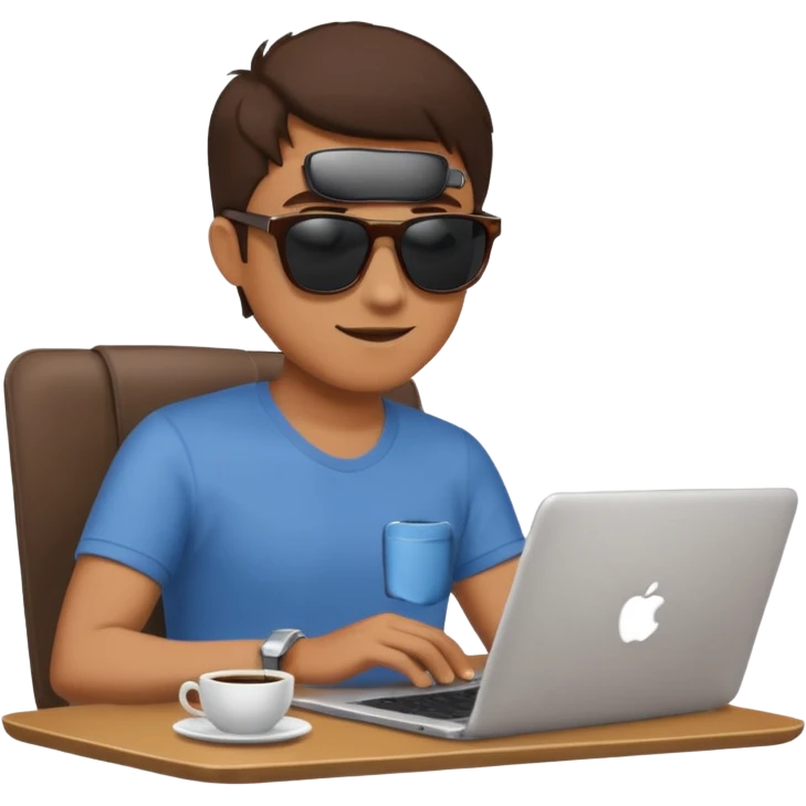 man in sunglasses typing on a laptop with a coffee cup beside him emoji
