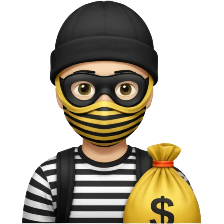 A Robber Emoji, the robber is Male, has a Black Beanie hat, has a shirt with black and white stripes, a black mask thing around his eyes, and a yellowish money bag on his hanging right shoulder, we can only see his upper body from his chest and his face he has no mask on his mouth and ha emoji