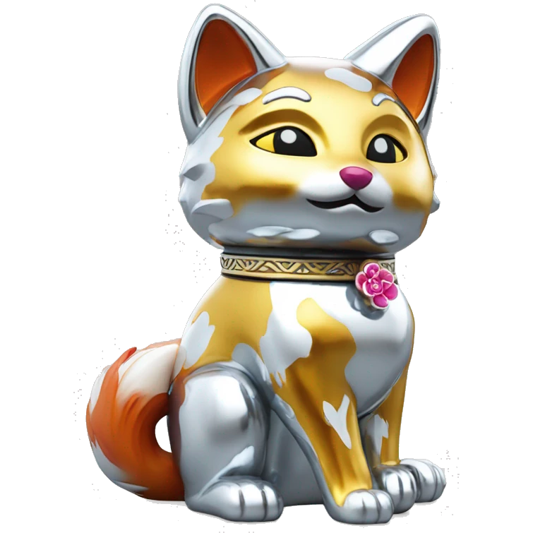fully chrome fox statue in the form of maneki neko emoji