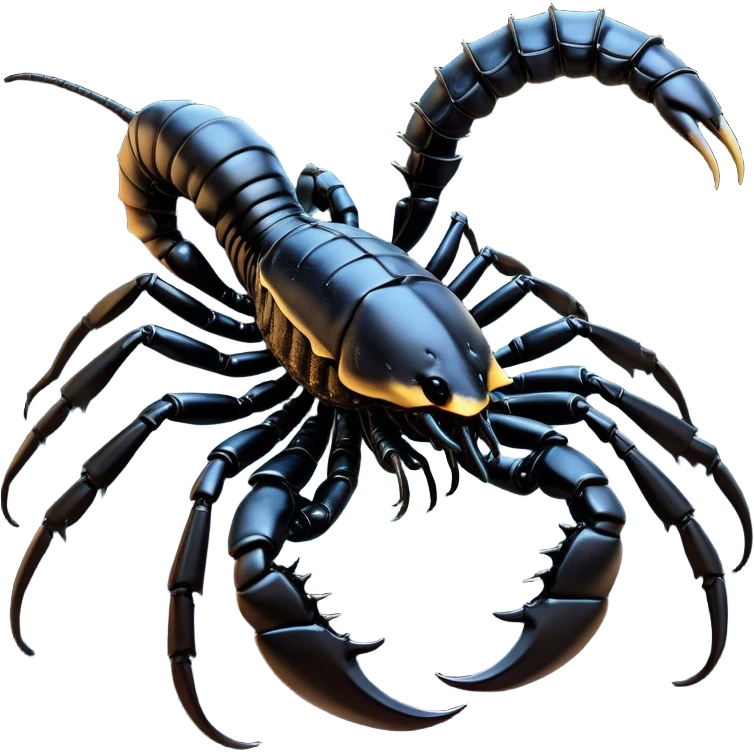 Cinematic Noble Emperor Scorpion Portrait Emoji, Poised and formidable, with a robust, armored build and a glossy, jet-black exoskeleton accented by striking, segmented pincers, deep-set piercing eyes, Simplified yet sharp and sophisticated features, highly detailed, glowing with a cool, dignified glow, high shine, intelligent and imposing, stylized with an air of ancient desert majesty, focused and attentive, soft glowing outline, capturing the essence of a watchful and commanding scorpion that feels as though it could silently creep out of the screen with effortless authority! emoji