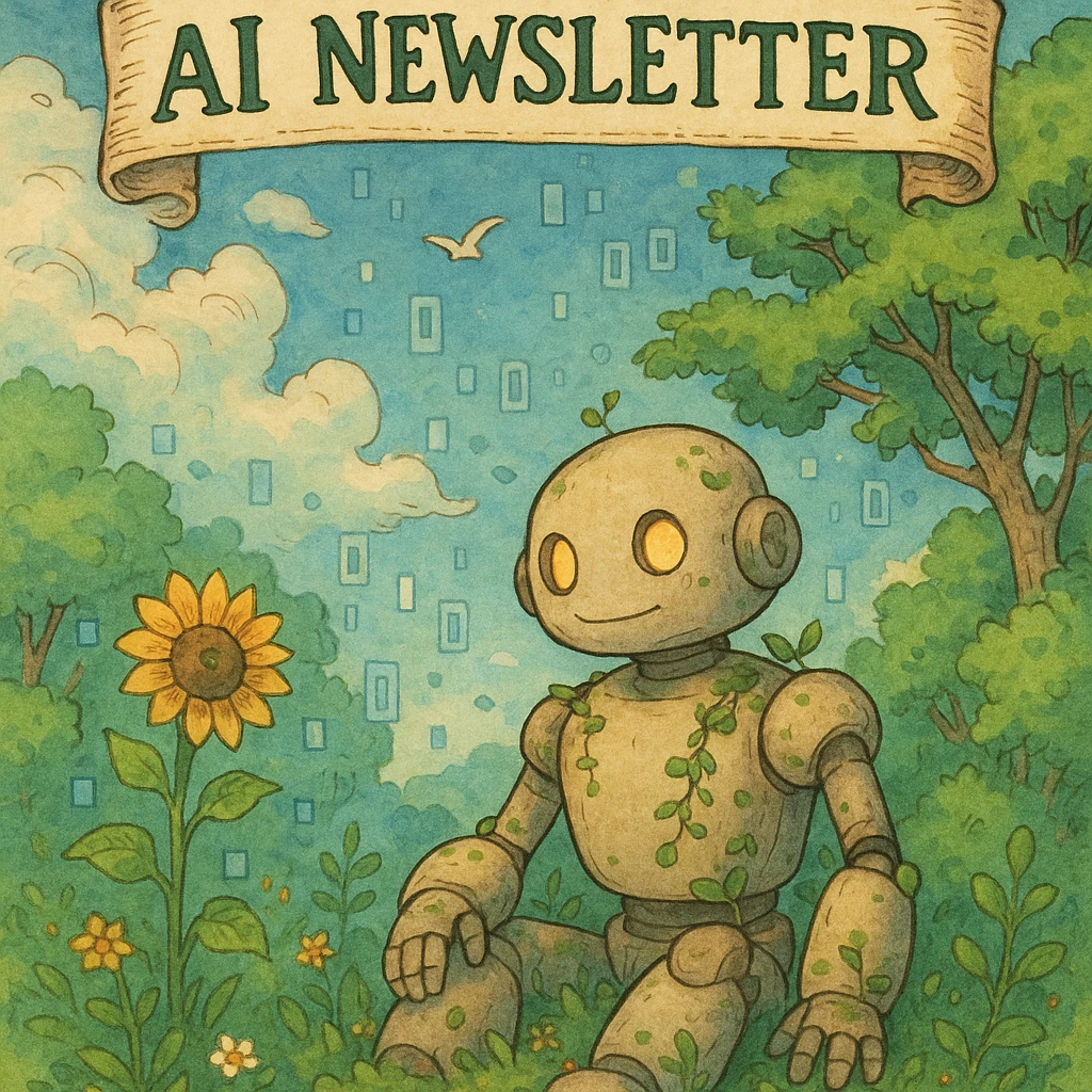 ghibli style newsletter about AI, whimsical robot and nature blending with digital motifs emoji