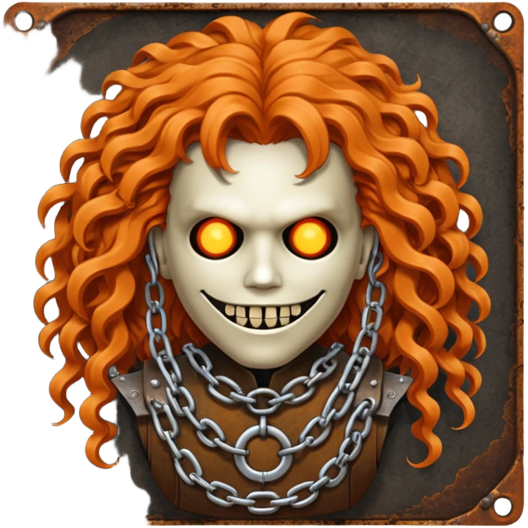 steam-punk Megadeth - iconic mascot  made of rusty metal with chains on its teeth, huge curly orange hair emoji