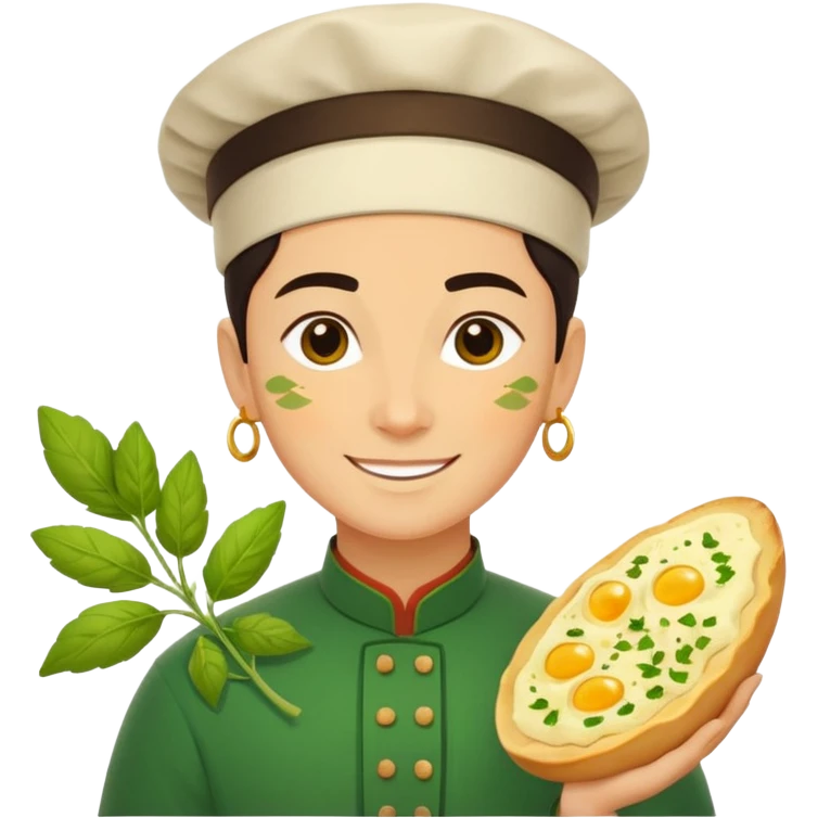 Georgian cuisine avatar in bright emoji-style illustration. Khachapuri and herbs, rich golden and green colors, simple shapes, flat design, strong character. emoji