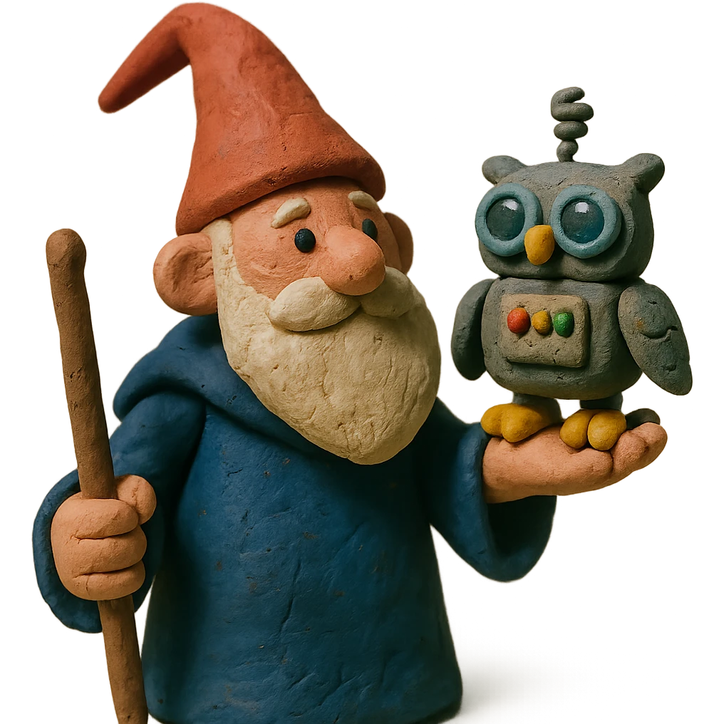 claymation style tech wizard holding a robot owl emoji