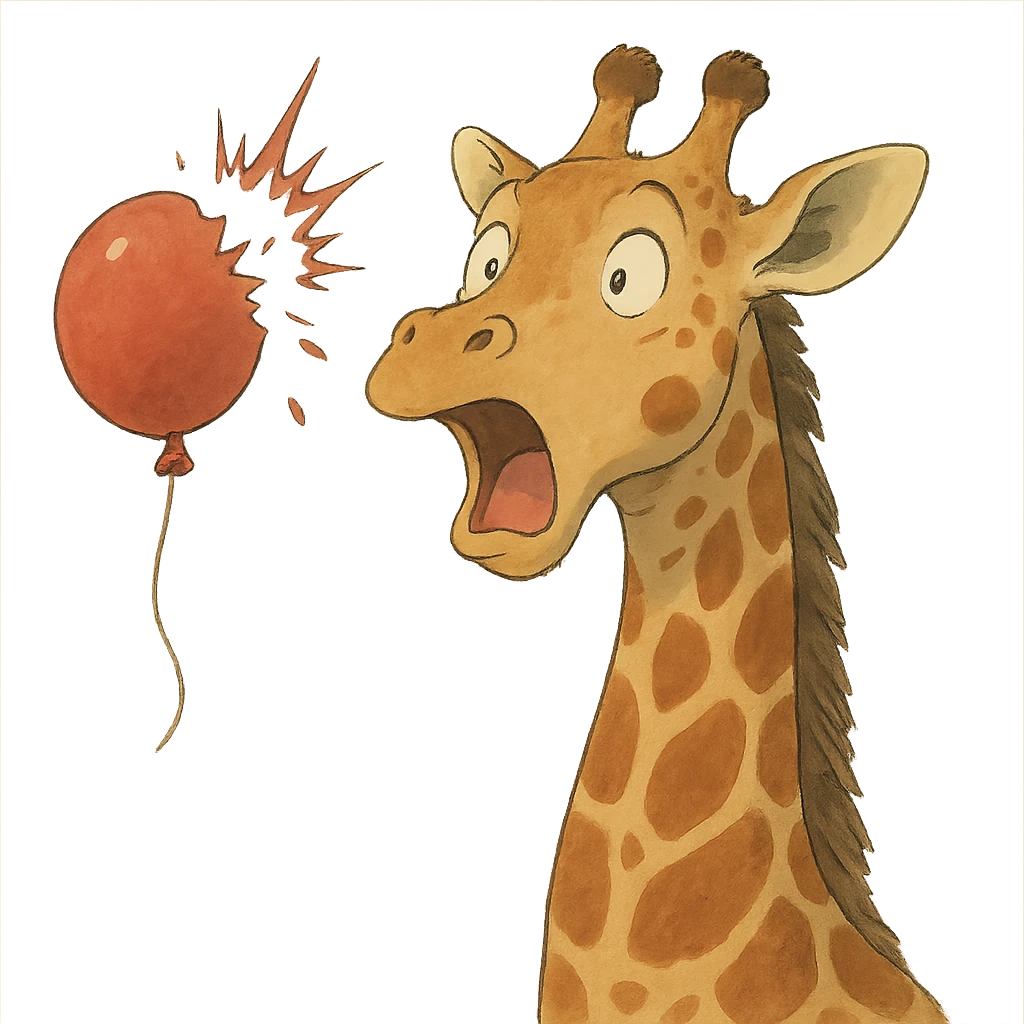 giraffe popping balloon in surprise expression, soft ghibli style emoji