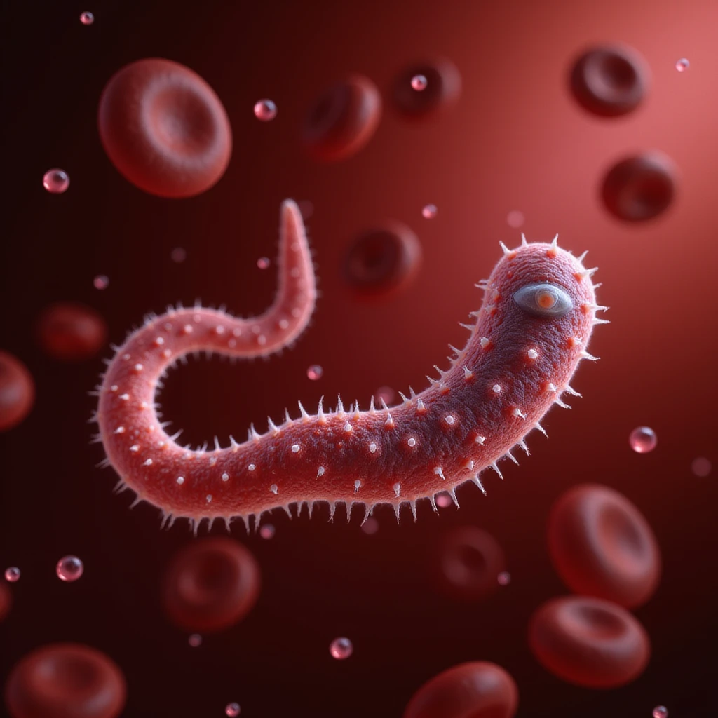 hyperrealistic 4K close-up of Trypanosoma in human blood, S or C shape, flagellum and nucleus highlighted, red blood cells and plasma in background, clinical atmosphere emoji