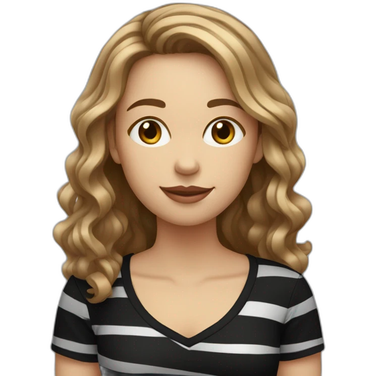 woman with long wavy light brown hair wearing black stripy t-shirt emoji