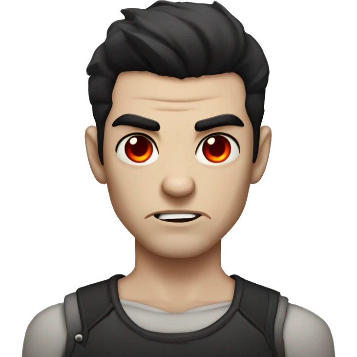 dark-haired, pale skin with red eyes, with  tattoos, male looking angry emoji