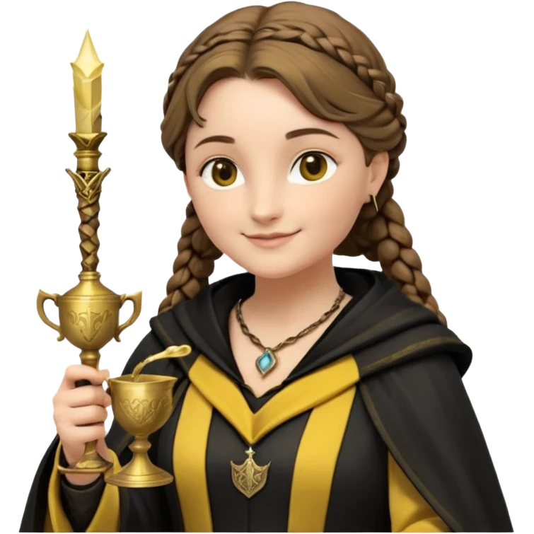 Helga Hufflepuff,the Hogwarts founder of Hufflepuff,brown-haired,2braids,yellow-black medieval dress with black cloak decorated with gold braiding,flickering magic wand and tiny two-handled shiny gold cup engraved with the badger silhouette,very kind smile,curvy busty sweet emoji