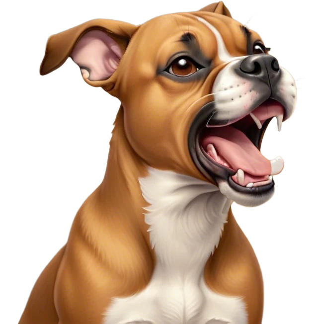 Cinematic Cute Yawning Fawn Boxer dog Portrait Emoji, Head tilted slightly with a dramatic, wide-open yawn, showcasing a short fawn Fur with a crisp white muzzle and chest, floppy ears slightly drooping, round brown eyes barely open in drowsy contentment, Simplified yet irresistibly adorable features, highly detailed, glowing with a soft, cozy glow, high shine, relaxed yet expressive, stylized with a touch of whimsy, bright and endearing, soft glowing outline, capturing the essence of a sleepy yet affectionate guardian, so drowsy it feels like it could stretch right out of the screen and curl up for a nap! emoji