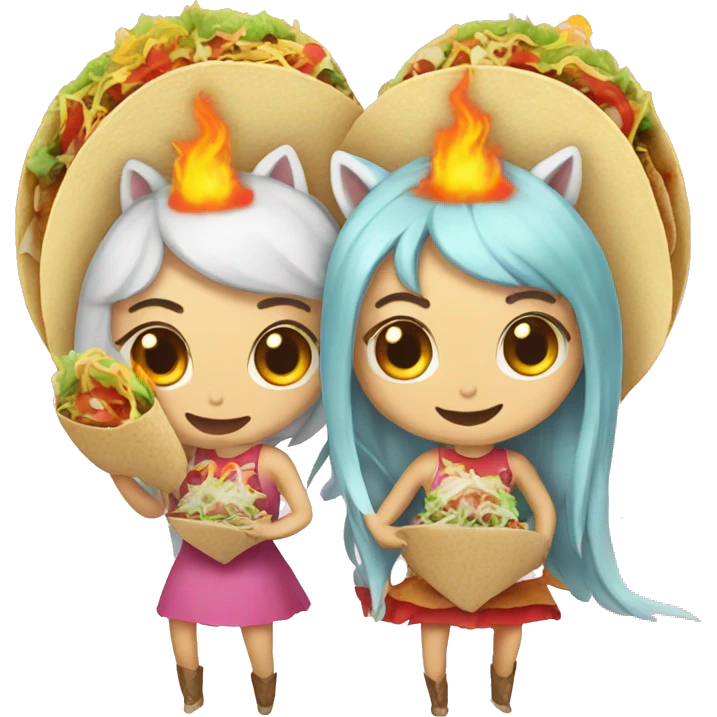 two women eating tacos, riding a unicorn, surrounded by a heart made of fire emoji