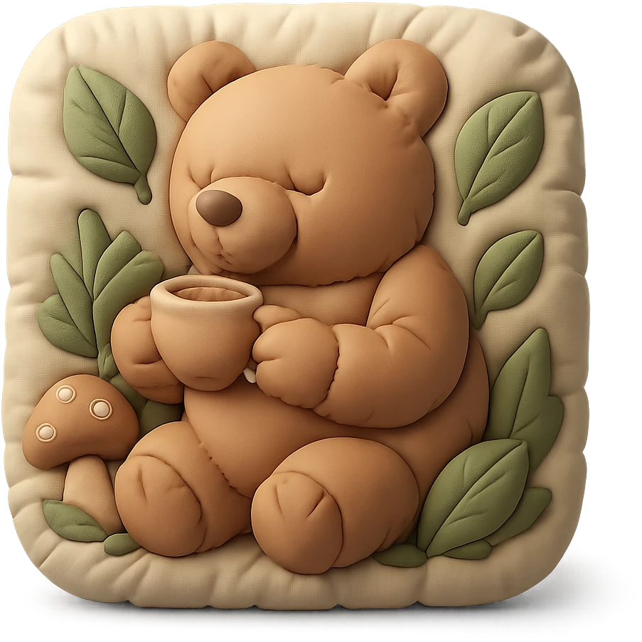 little bear sipping tea in the forest, surrounded by leaves and mushrooms, cushion style emoji