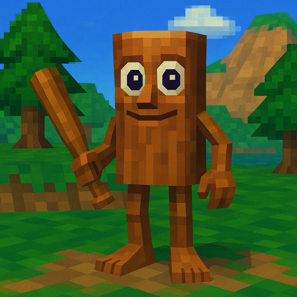 Create a stump with arms and legs holding a baseball bat, matching the 3D, slightly surreal look and big eyes as shown in the reference image. emoji