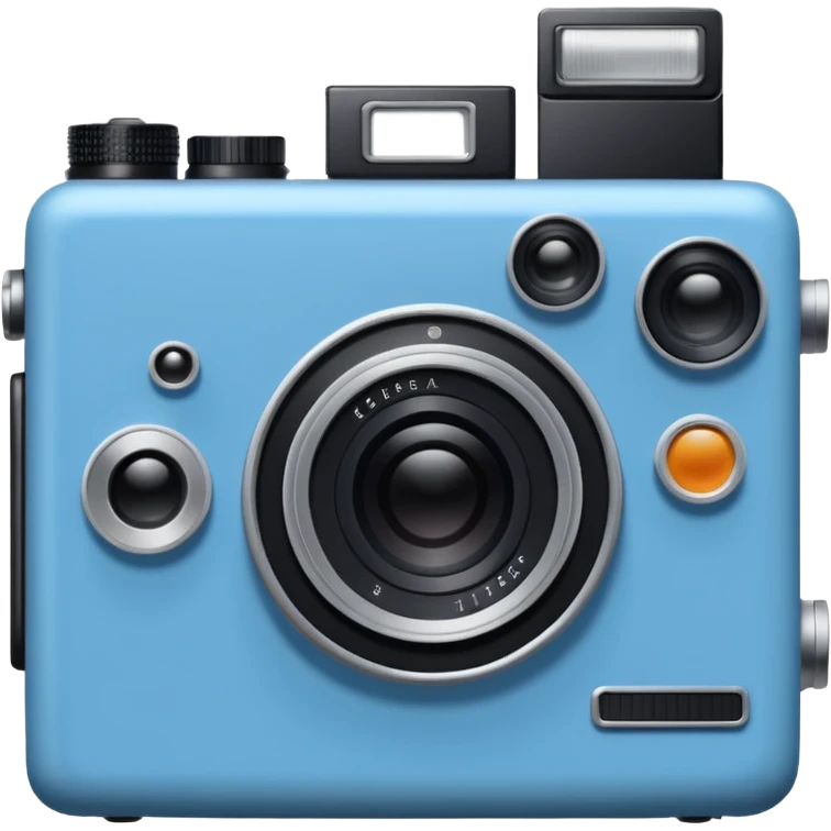 A hand-drawn doodle in a minimalist, cartoon style of a [vintage camera]. The object is white with thick, rough, black marker outlines and two small black dot eyes. It is a simple sketch with no realistic textures, centered on a solid [blue] circular background." emoji