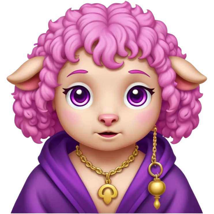Lamb character, cartoonish scenery in the art style of the game cult of the lamb, pink curly wool hair,purple robe with gold trim, bell necklace,  pink eyes, hearts (masterpiece), godly, divine,  chibi, crying_tears, crying emoji