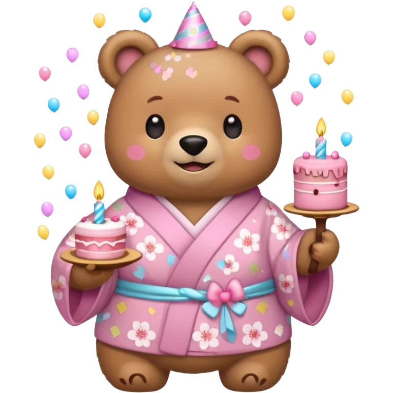 A cute light-brown bear wearing a pastel pink sakura-patterned kimono, normal balanced body ratio.  
Holding a small birthday cake with candles, smiling brightly with confetti and spark effects around.  
Kawaii emoji style, minimalistic clean sticker illustration, white background. emoji