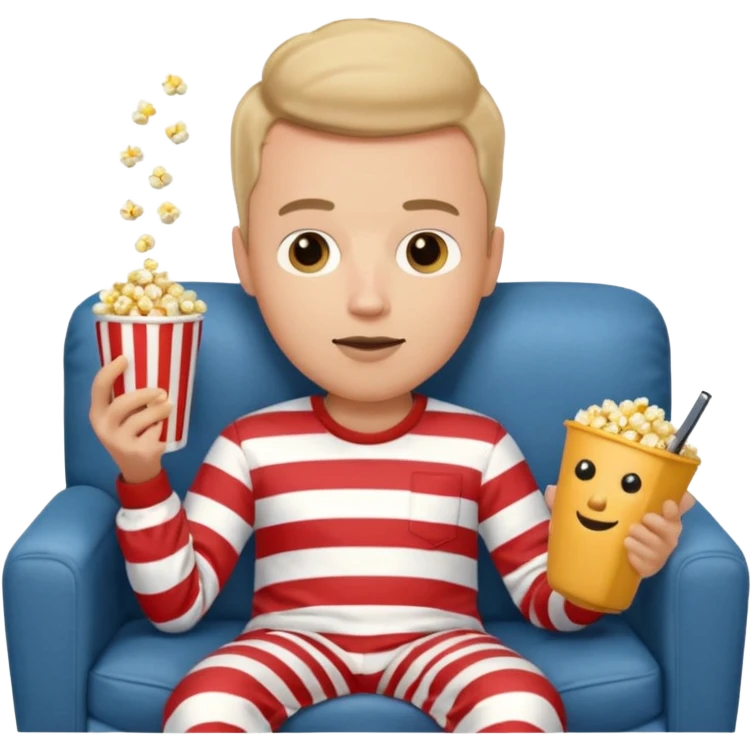male memoji, lazy man in pajamas, lying on couch, holding TV remote, relaxed face, casual home vibe, popcorn bucket, watch tv emoji