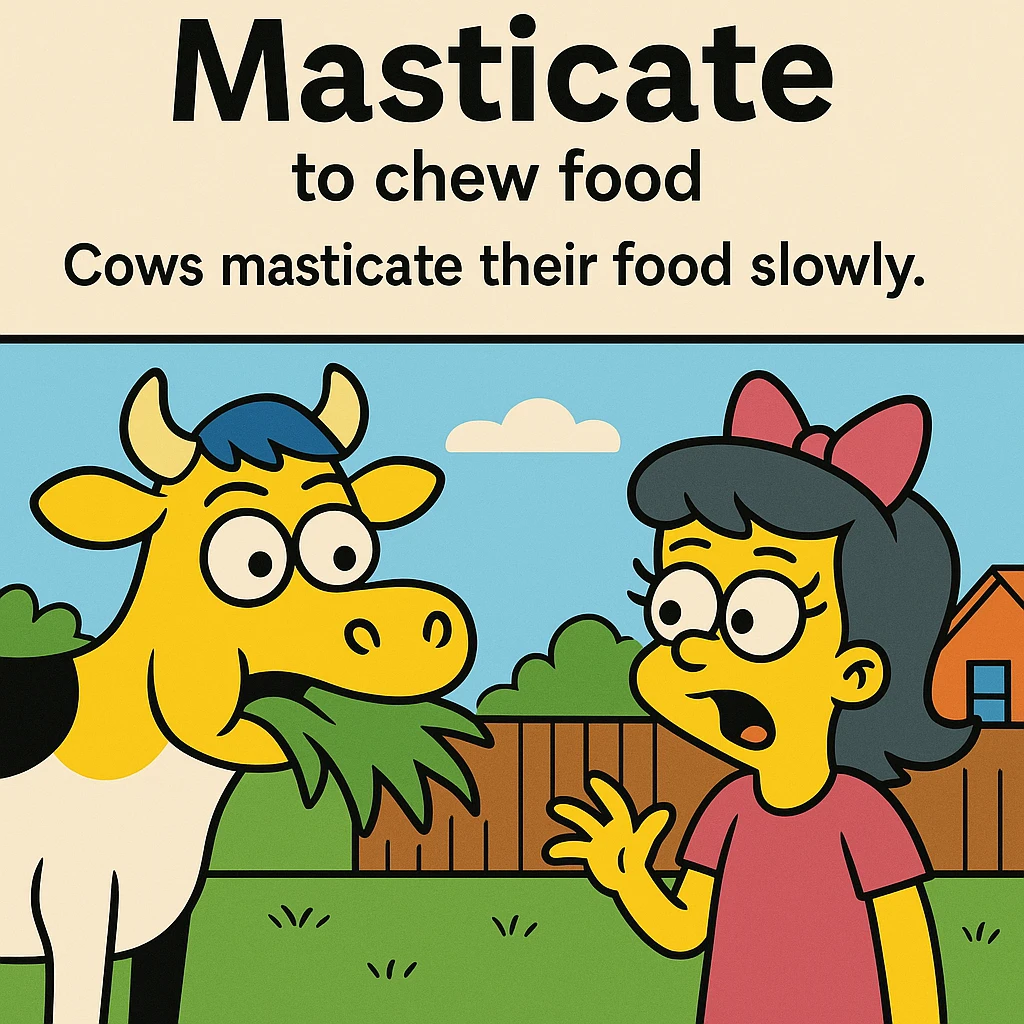 Masticate – to chew food.
Cows masticate their food slowly.
 emoji