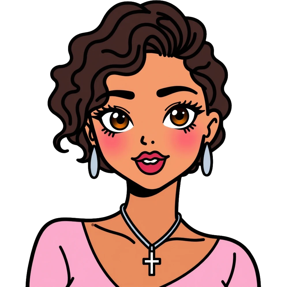 Light-skinned girl with honey brown eyes, long thick eyelashes, thin dark brown eyebrows, dark brown short curly hair with light highlights, flushed lips with heavy cupid bow, wearing a silver cross necklace, round silver earrings, and a light pink top with v-line emoji