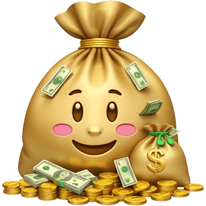 Luxury 3D emoji, overflowing money bag, stacks of cash, premium lighting, rich glossy look, ultra clean, transparent background


 emoji