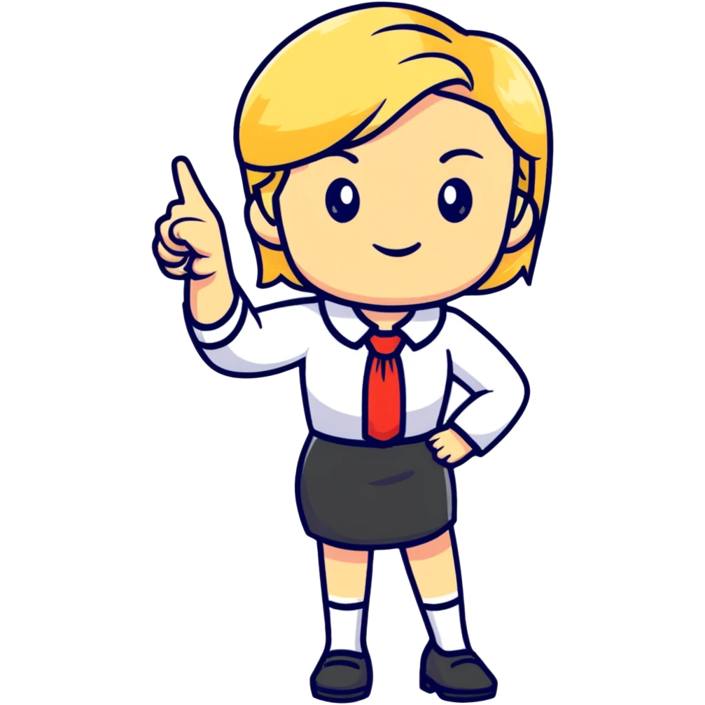 angry blonde female teacher full body without glasses, pointing finger emoji
