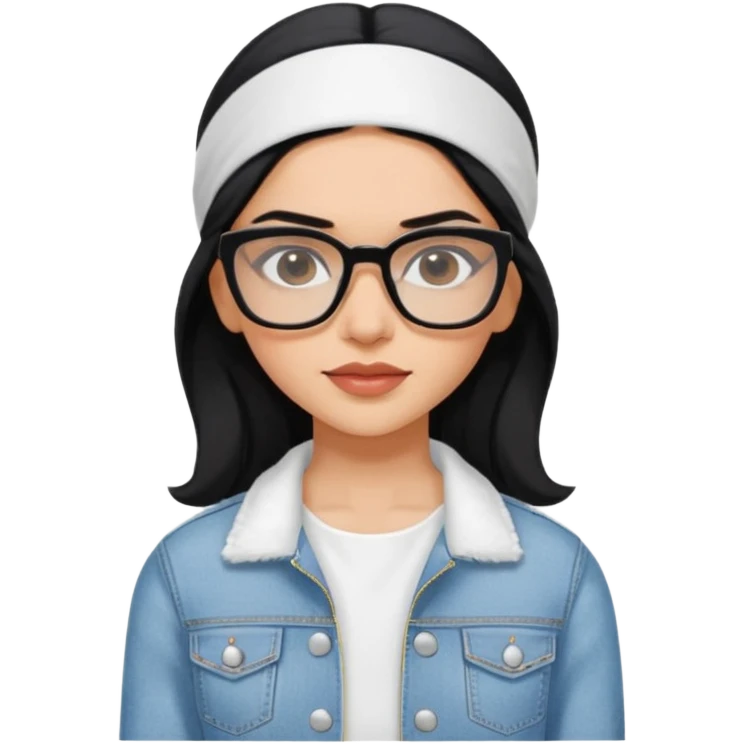 generate a pretty bratz emoji 
Make her wear a white dress with a denim jacket over it. black hair side part with a white headband

She should look exactly  like Deepika padukone. wearing rectangular spectacle emoji