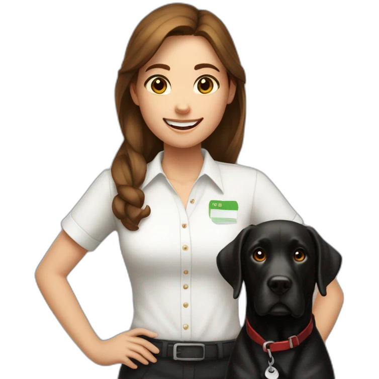 girl with brown hair in white shirt with black labrador holding a cheque with "100,-" emoji